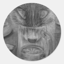 Cat Drinking Water Cute Original Charcoal Drawing Round Stickers