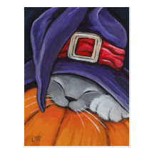 Cat Wearing A Witches Hat Halloween Postcard