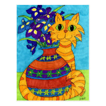 Cat with Irises in Talavera Vase Postcard