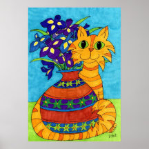 Cat with Irises in Talavera Vase Posters