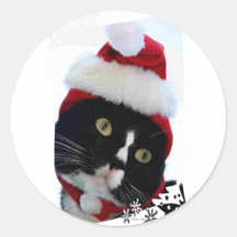 Cat with yellow eyes in Santa Hat head pic Round Sticker