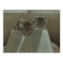 Cats helping me read book postcard
