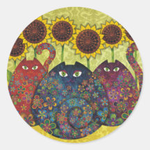 cats with sunflowers round stickers