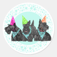 Celebration Scotties in Party Hats Round Sticker