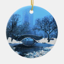 Central Park Bridge at Twilight in the Snow Christmas Ornament