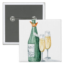 Champagne Bottles and Two Glasses Buttons