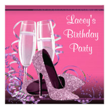 Champagne High Heel Womans Hot Pink Birthday Party Custom Invitations