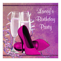 Champagne High Heel Womans Hot Pink Birthday Party Announcements