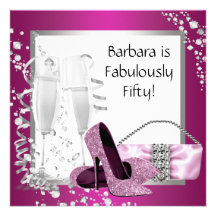 Champagne High Heels Womans Pink & Black Birthday Personalised Invite