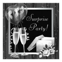 Champagne Sparkles Black White Surprise Party Announcement