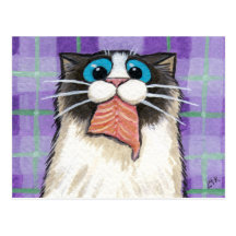 Cheeky Cat Eating Salmon Postcard