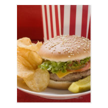 Cheeseburger with potato crisps and gherkin postcard