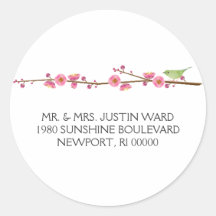 cherry blossom love bird; address round sticker