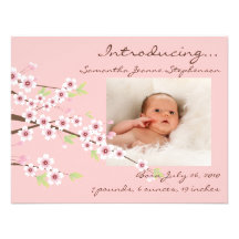 Cherry Blossom Pink & Brown Baby Girl Photo Birth Personalized Invites