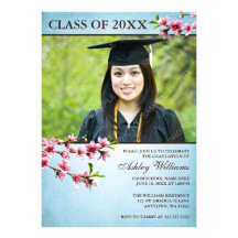 Cherry Blossoms Vintage Blue Photo Graduation Personalised Invitation