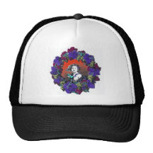 Cherub in grape wreath, red background trucker hat