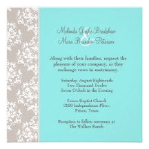Chic Aqua Blue and Taupe Damask Wedding Invitation