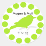 Chic Bird Silhouette & Dots Wedding Seal in Lime Round Stickers