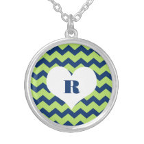 Chic chevron zigzag pattern custom monogram green necklaces