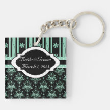 Chic Damask Green and Black Wedding Keychain