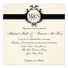 Chic Damask Monograms Wedding Black Cream Invitations