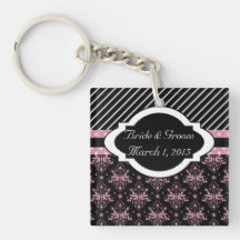 Chic Damask Pink and Black Wedding Keychain