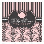 Chic Damask & Stripe Baby Shower Tea Invitation