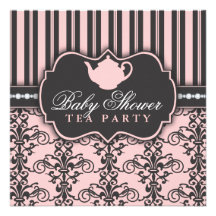 Chic Damask & Stripe Baby Shower Tea Invitation