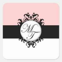 Chic French Black Monograms MT Damask Labels Square Stickers