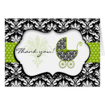 Chic Green Polka Dot Damask Baby Shower Thank You Greeting Cards