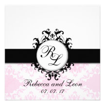 Chic Monogram Initials Pink Damask Wedding Invite
