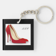 Chic Red High Heel Pump Shoes Monogram Initials Square Acrylic Key Chain