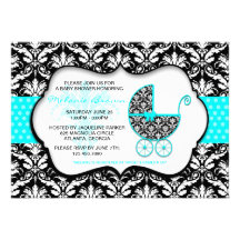Chic Teal Polka Dot Damask Baby Shower Invite