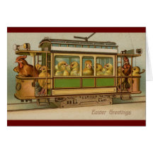 Chickens on Trolley Car Vintage Easter Greeting Card