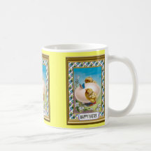 Chicks beside an egg mug