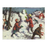 Children Playing in the Snow Building a Snowman Postcards