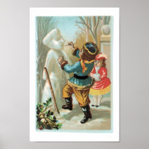 Children putting pipe in snowman's mouth,Christmas Posters