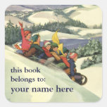 Children Sledding Winter Snow Mountain Bookplate Square Stickers