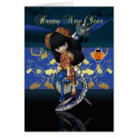 chinese new year with cute china doll with dragons card