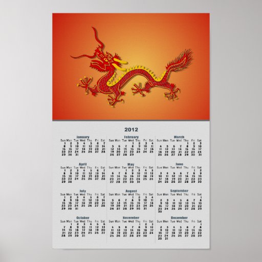 Chinese Red And Gold Dragon Western Calendar 2012 Print