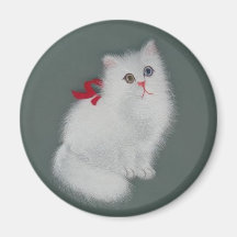Chinese Silk Picture White Cat Fridge Magnet