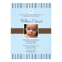 Christening Blue Stripe Photo Invitation - Boy