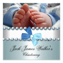 Christening Boy White Blue Pearl Bow Photo Invitation