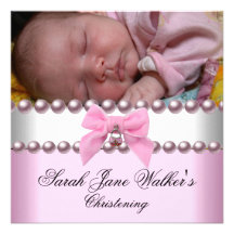 Christening Girl Pink White Pink Pearl Photo Invitations