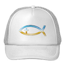 Christian Fish Symbol with Crucifix - Sky & Ground Trucker Hats