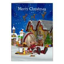 Christmas Card - Cute Elf And Holiday Village