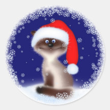 Christmas Cat in Santa Hat Round Stickers