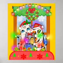 Christmas Cats Hanging Holiday Lights Poster