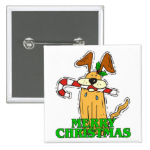 Christmas Dog & Candy Cane. Pinback Button