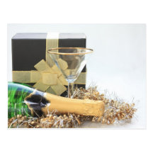 Christmas gift and bottle of champagne post card
